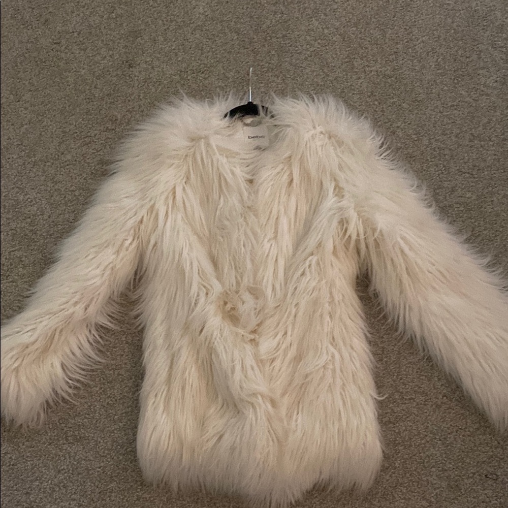 Bebe XS white shaggy Mongolian faux fur coat jacket - Picture 2 of 6